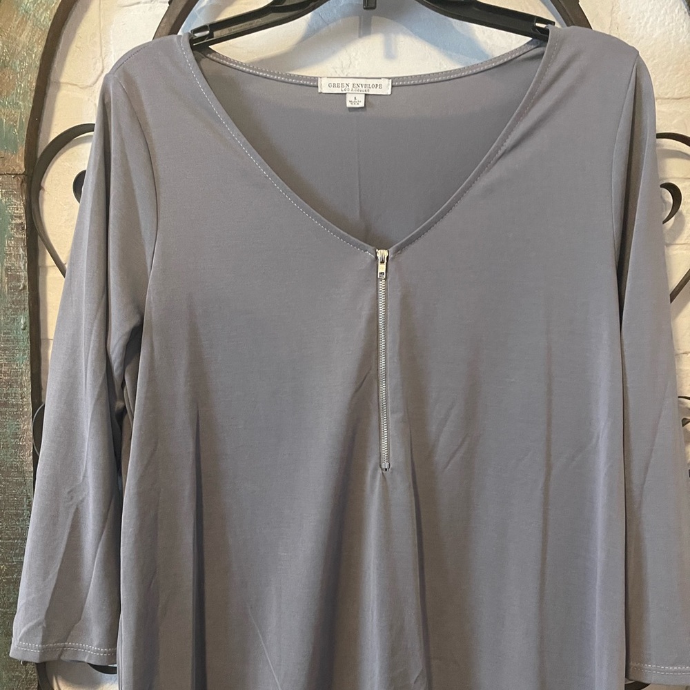 Green Envelope, Women’s Blouse, V-Neck w/ Zipper Detail